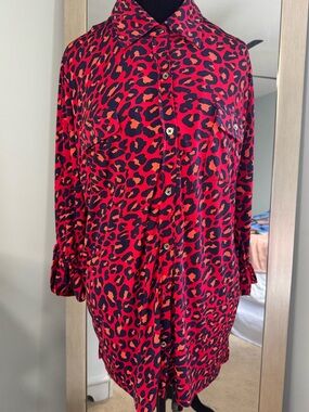 Women's Jones New York Red Leopard Print Blouse with Navy and Orange Spots